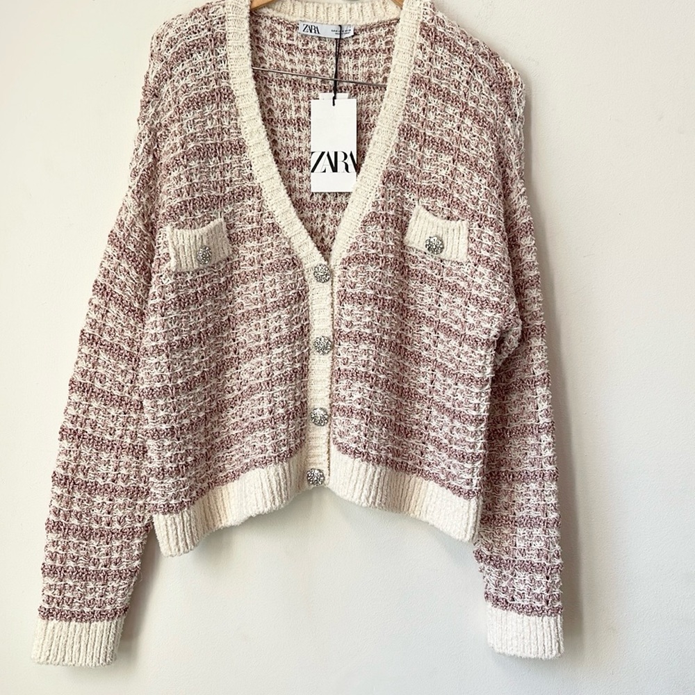 ZARA *Blog Favorite* Metallic Thread Gem/Jewel Luxury Cardigan Coastal Sweater M